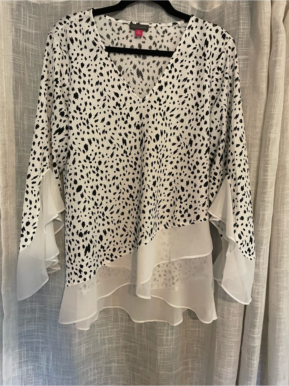 Vince Camuto White Blouse with Black Speckle Print and Layered Chiffon Hem